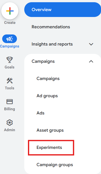 Google Ads navigation menu with the Experiments tab