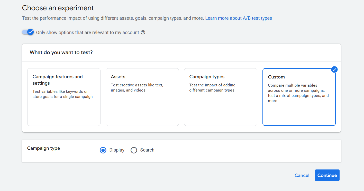 Google Ads screen for choosing an experiment type