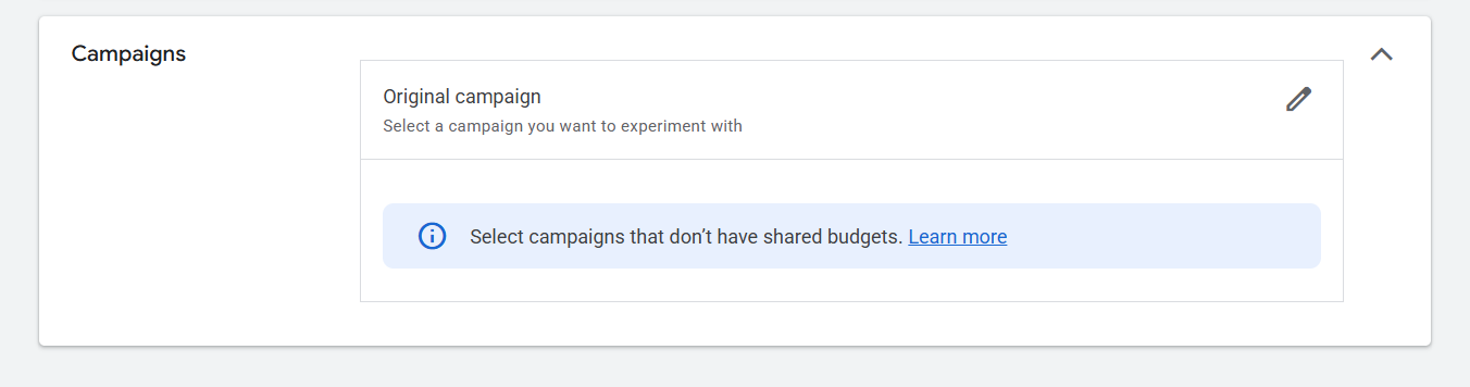 Google Ads campaign selector for choosing the control campaign