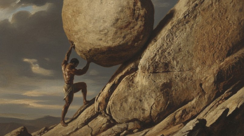 Sisyphus pushing a rock up hill, a not-so-subtle metaphor for inefficient marketing spending
