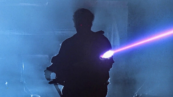 A Terminator infiltrator with a glowing red eye